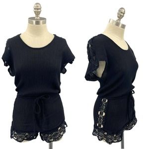 La Blanca Women's XS Swim Coverup Romper Black Cotton Crochet One Piece